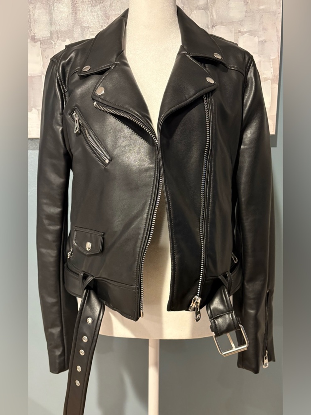 Zara Black Leather Moto Jacket with Silver Hardware
